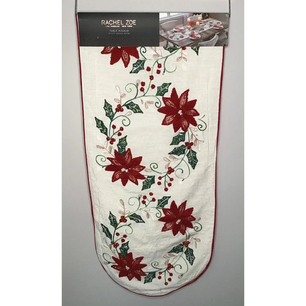 Rachel Zoe Christmas Table Runner Poinsettia Beaded Embroidered 16x72 Holiday